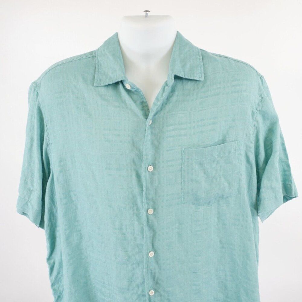 Caribbean Green Linen‎ Cotton Pocket Front Large Collared Hawaiian Dress Shirt